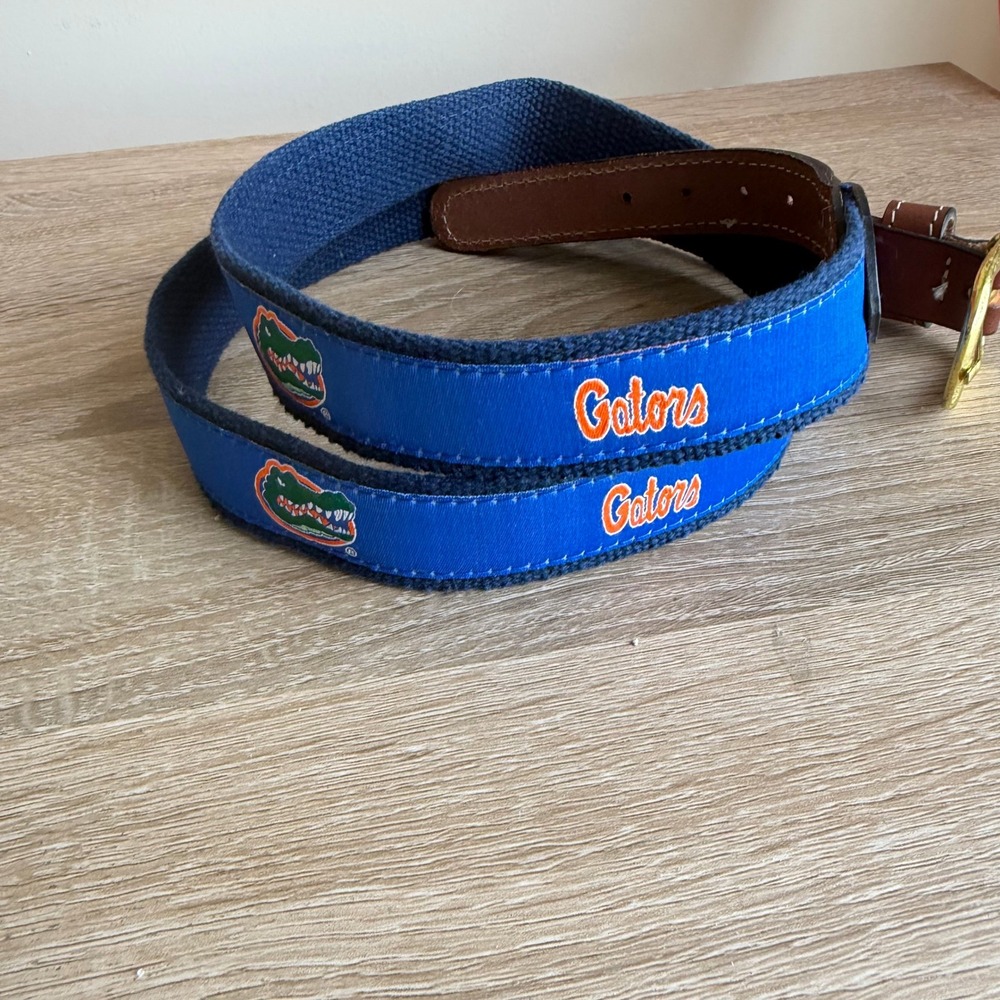 Florida Gators Mens Ribbon Belt Size 40 Navy Blue Canvas Leather Solid Brass
